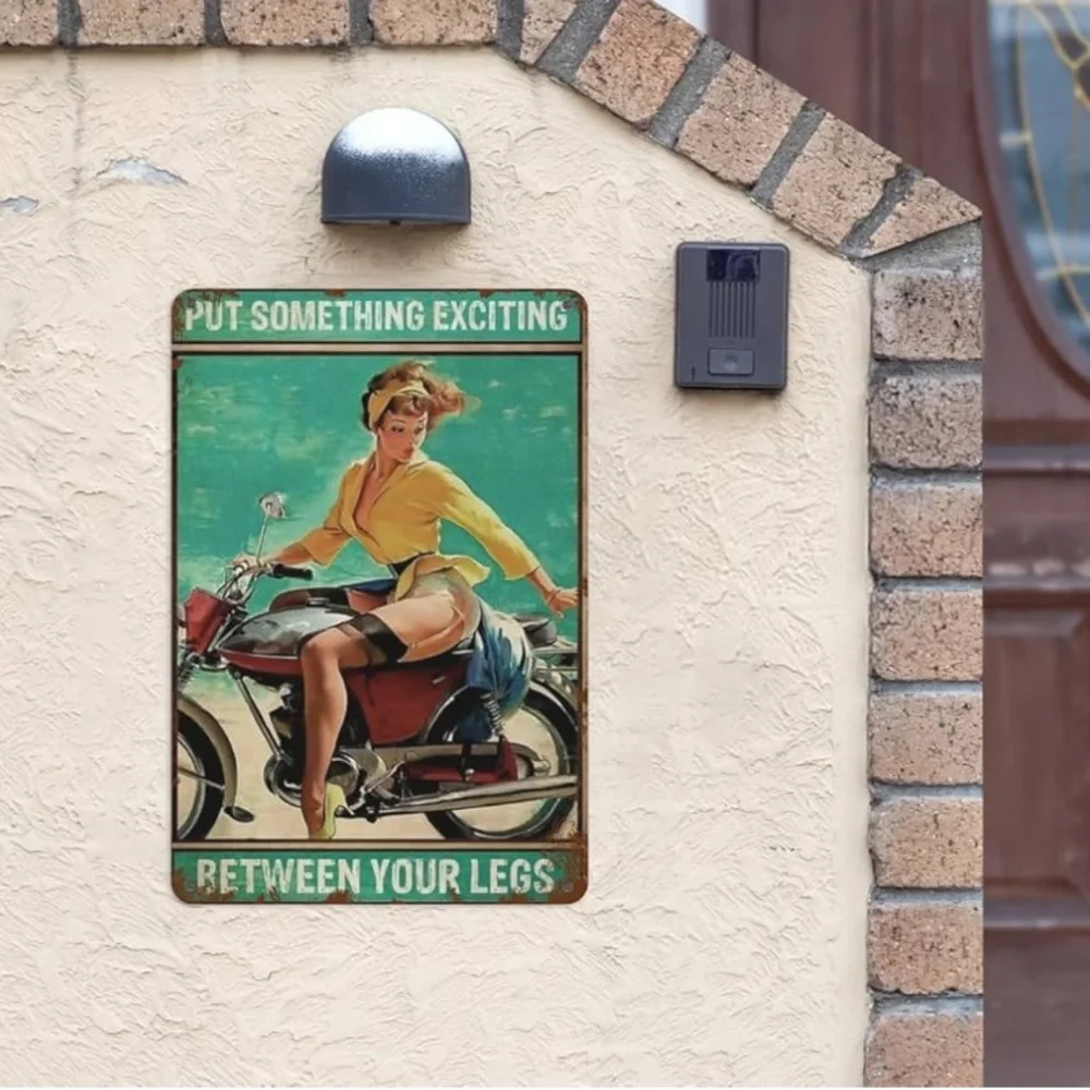 Sign Motorcycle Pinup Girl Put Something Exciting  Funny Decor Metal Posters